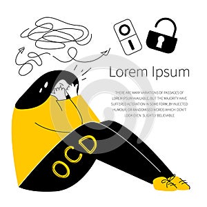 OCD symptoms, fear and intrusive thoughts of ON or OFF. Vector illustration with girl has got obsessive compulsive