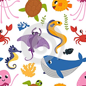 Ocean animal seamless pattern. Sealife adventures characters. Cartoon whale, jellyfish and seahorse. Colorful fabric