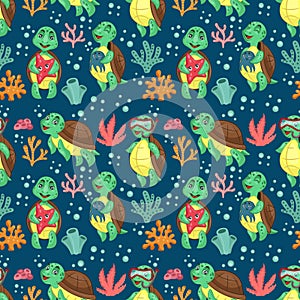 Ocean animals. Swimming turtle pattern. Green and blue sea underwater nature. Tortoise with starfish and octopus. Home