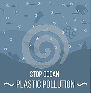 Ocean with aquatic animals and plastic garbage floating in water. Environmental issue or ecology problem of marine