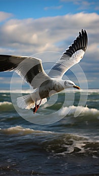 Ocean aviator Gull in flight, wings span over the sea