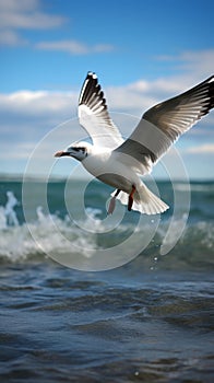 Ocean aviator Gull in flight, wings span over the sea