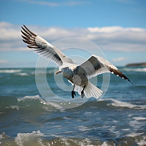 Ocean aviator Gull in flight, wings span over the sea