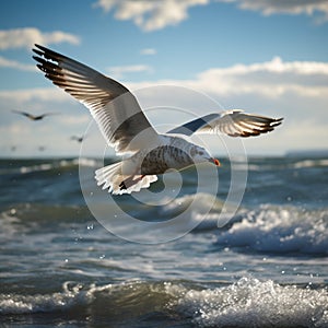 Ocean aviator Gull in flight, wings span over the sea