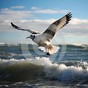 Ocean aviator Gull in flight, wings span over the sea