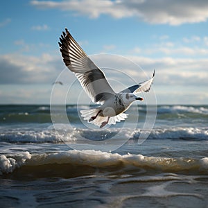 Ocean aviator Gull in flight, wings span over the sea