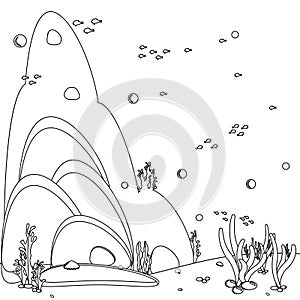 Ocean background. Panorama landscape sea bottom. Black and white line art icon. Coloring book page for kids. Silhouette fish,