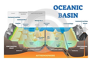 Ocean basin structure vector illustration. Labeled underwater level scheme. photo