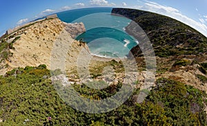 Ocean bay and Fortaleza de Belixe near Cabo de Sao Vicente Cape in Portugal