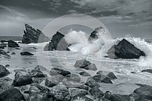 Ocean beach - Big waves breaking - Black and White artistic