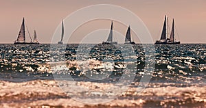 Ocean beach morning and sailing wind boats in the sea for regatta competition