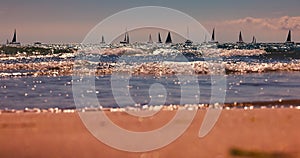 Ocean beach morning and sailing wind boats in the sea for regatta competition