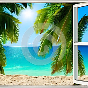 Ocean beach and palm trees landscape window view from tropical hotel room.Summer travel or vacation concept.