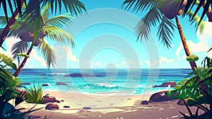 An ocean beach with palm trees in tropical climates. Modern parallax background with cartoon seascape, sand shore and