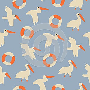 Ocean beach pelicans and lifebuoy seamless pattern in vector.