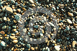 Ocean beach sand with pebbles texture. Nature.