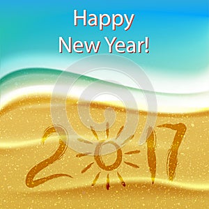 Ocean beach or sealine. 2017, happy new year greeting card. Sea