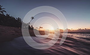 Ocean beach on sunset with row palms on horizon