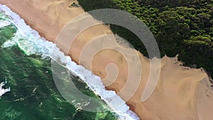 Ocean, beach and surface sand in drone of aerial view of jungle harmony, nature and natural environment trees. Landscape