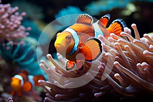 Ocean beauty Vibrant clown fish navigate a lively coral environment