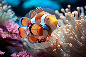 Ocean beauty Vibrant clown fish navigate a lively coral environment