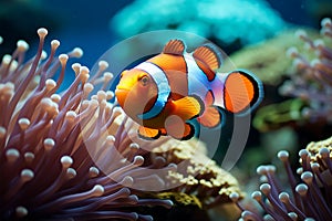 Ocean beauty Vibrant clown fish navigate a lively coral environment