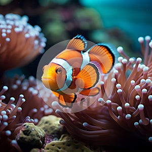 Ocean beauty Vibrant clown fish navigate a lively coral environment