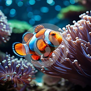 Ocean beauty Vibrant clown fish navigate a lively coral environment