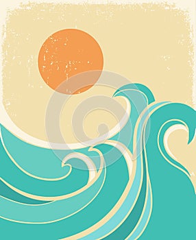 Ocean big wave vintage poster with sun on old paper backgroound. Sea minimalist modern line art landscape illustration background