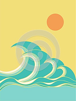 Ocean big waves poster with sunshine abstract background. Sea art landscape illustration.