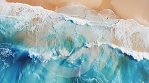 Ocean with blue lagoon waves on a beach drone top view. Atlantic ocean waves. Vertical format for banners, poster, wallpaper. AI