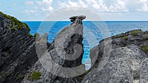 Ocean Blue Waters with black Rocky Beach Blue Sky white clouds in the horizon