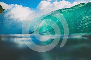 Ocean blue wave in ocean. Breaking wave for surfing in Bali
