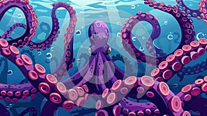 Ocean bottom illustration with scary monster arms of purple and pink giant octopus tentacles with suckers. Cartoon