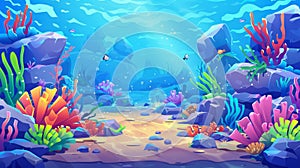 Ocean bottom landscape with stones, corals, seaweed, tropical animals, and plants on the seafloor. Modern cartoon photo