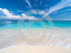 The ocean is calm and the sky is blue with white clouds