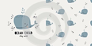 Ocean child. Cute little whale. Vector illustration