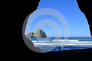 Ocean on a cloudless day with rock formations