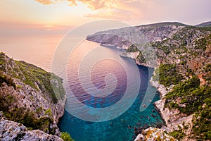 Ocean coastline landscape view at sunset, Zakynthos island