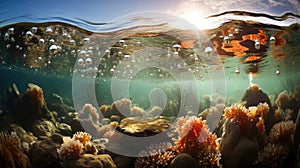 Ocean coral reef underwater. Sea world under water background. Beautiful view of sea life. Ecosystem. AI photography