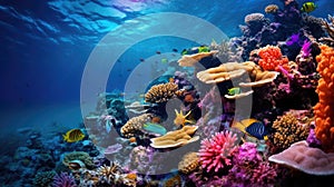 Ocean coral reef underwater. Sea world under water background. Beautiful view of sea life. Ecosystem. AI photography