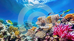 Ocean coral reef underwater. Sea world under water background. Beautiful view of sea life. Ecosystem. AI photography