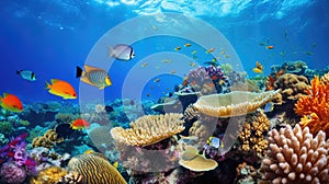 Ocean coral reef underwater. Sea world under water background. Beautiful view of sea life. Ecosystem. AI photography