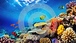 Ocean coral reef underwater. Sea world under water background. Beautiful view of sea life. Ecosystem. AI photography