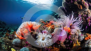 Ocean coral reef underwater. Sea world under water background. Beautiful view of sea life. Ecosystem. AI photography