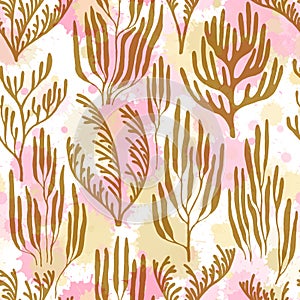 Ocean corals seamless pattern., Tropical coral reef bush silhouette elements.