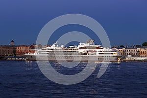 Ocean cruise liner PONANT at the pier of the English embankment at white night in Saint Petersburg