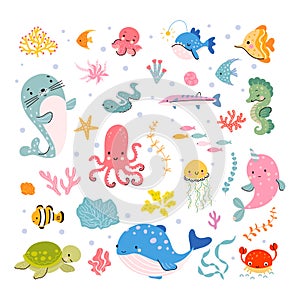 Ocean cute animals, aquatic sea cartoon fish whale narval. Marine funny animal, seahorse and turtle. Underwater life