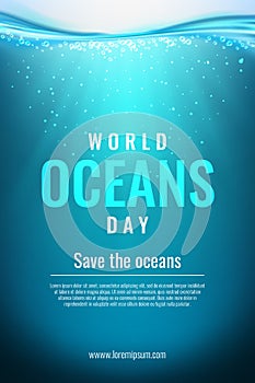 Ocean Day flyer. Into dark sea. Paradise sunlight scene. Water world. Deep blue aqua. International event banner design