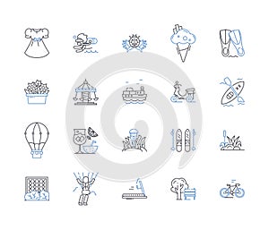 Ocean days and physical activity line icons collection. Seaside, Surfing, Swimming, Paddling, Beachcombing, Shell